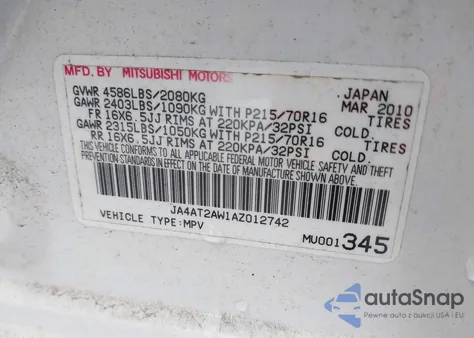 2010 Mitsubishi Outlander Es z USA, uszkodzony, nr VIN JA4AT2AW1AZ012742